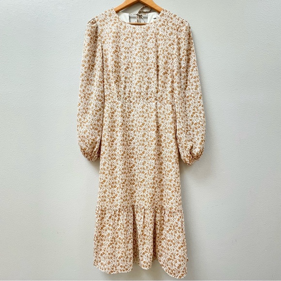 Lush Floral Cream and Mustard Midi Dress w/ 3 Tie Open Back, Women's Small - Picture 1 of 8